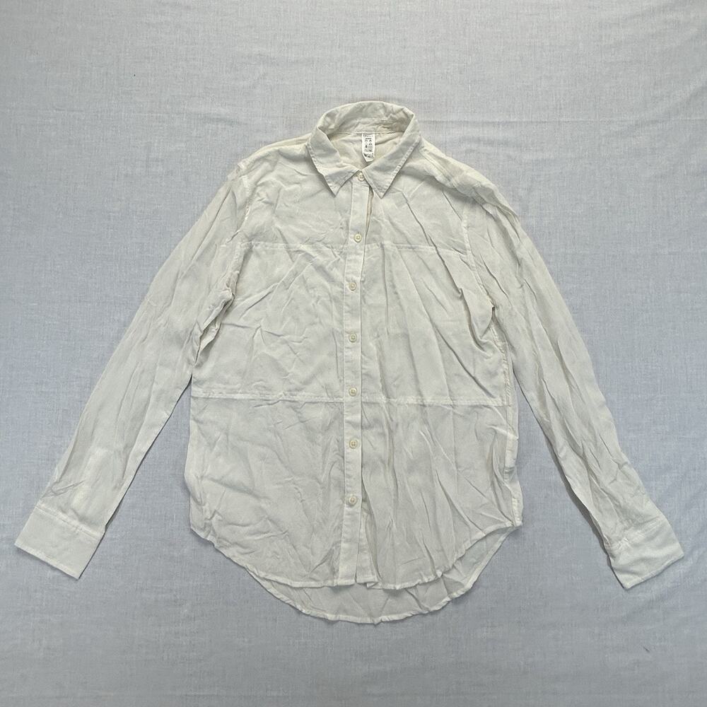SPANX Button Up Front Blouse Sheer Silk Women's Medium Ivory Beige Casual Top
